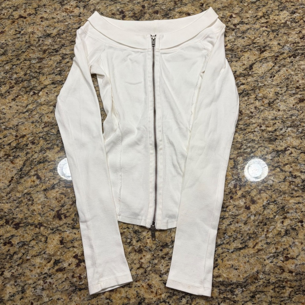 We The Free Free People White Ribbed Off The Shoulder Zip Up Top Small